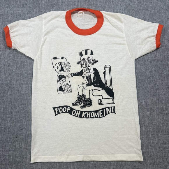 Vintage Iran War Propaganda Shirt Sz M 80s Khomeini Uncle Sam Ringer USA Made